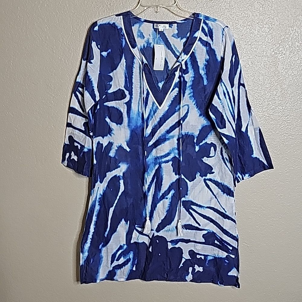 NWT Debbie Katz Blue Tie Dye print kaftan tunic swim cover Medium